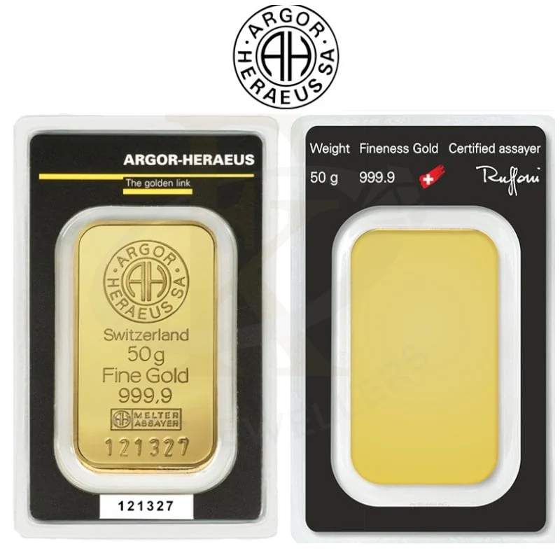 Argor Heraeus 50 Grams Gold Bar 24KT - FKJGBR24K2208