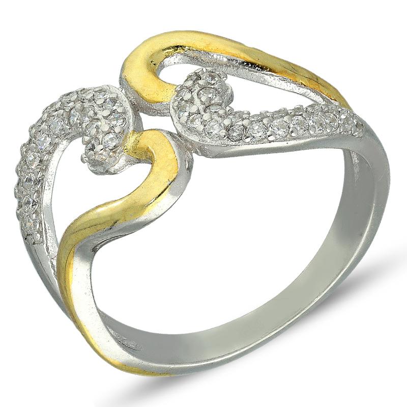 Dual Tone Sterling Silver 925 Twin Hearts Ring - FKJRNSL2994
