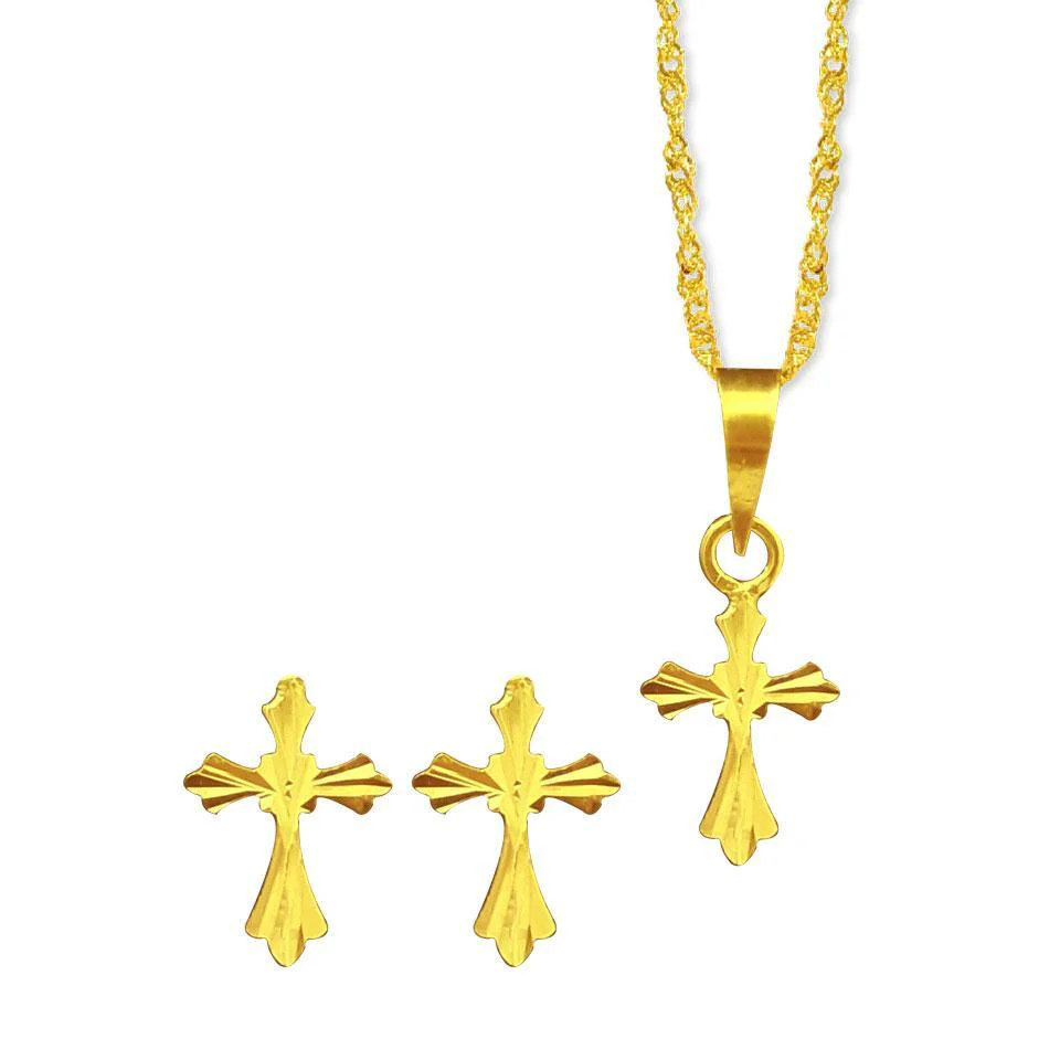 Gold Cross Pendant Set (Necklace and Earrings) 18KT - FKJNKLST1847