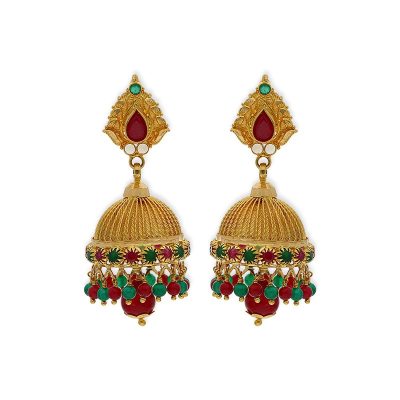 Gold Dome Shaped Jhumka Drop Earrings 22KT - FKJERN22K2328
