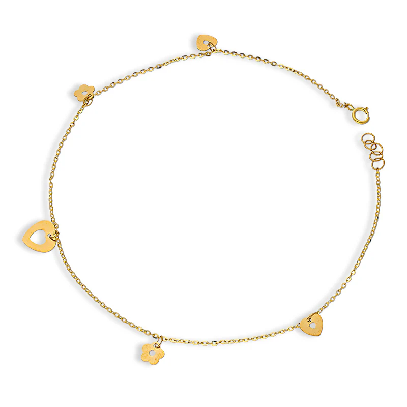 Gold Hanging Hearts and Flowers Anklet 18KT - FKJANKL18KU5006