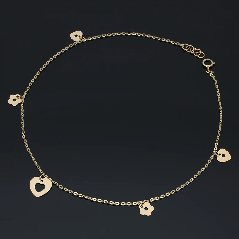Gold Hanging Hearts and Flowers Anklet 18KT - FKJANKL18KU5006 - Image 2