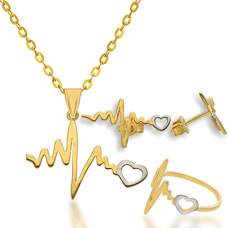 Gold Heart Beat Pendant Set (Necklace, Earrings and Ring) 18KT - FKJNKLST18K2158