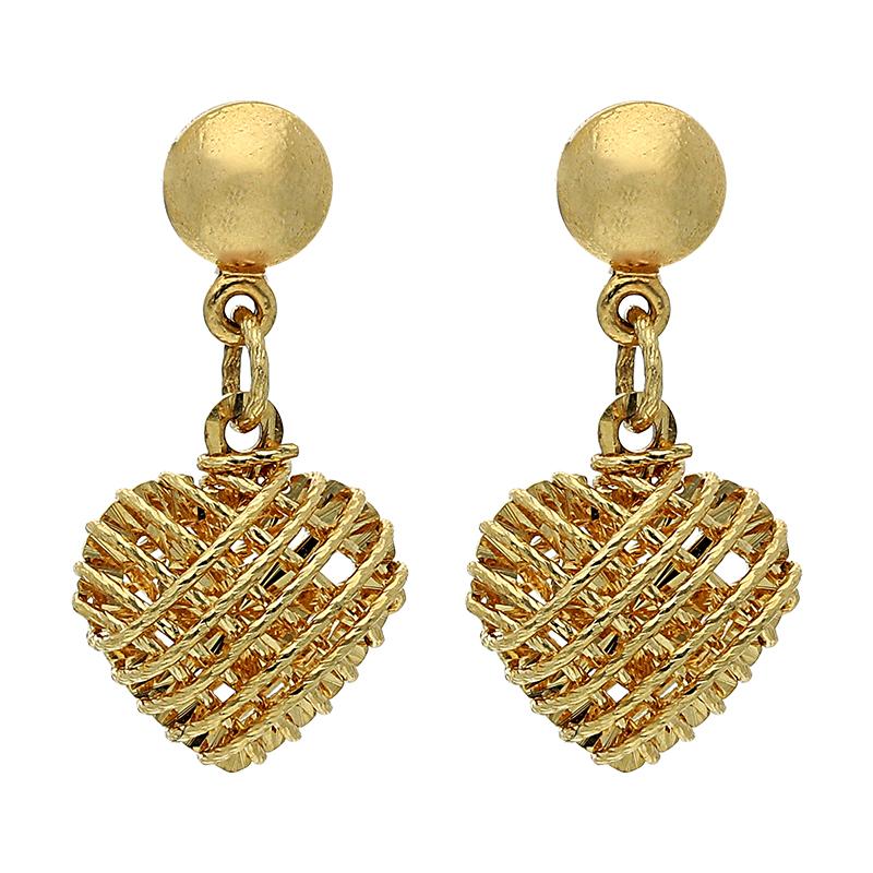 Gold Heart Shaped Drop Earrings 18KT - FKJERN18K2394