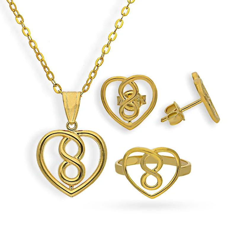 Gold Infinity Heart Pendant Set (Necklace, Earrings and Ring) 18KT - FKJNKLST18K2154