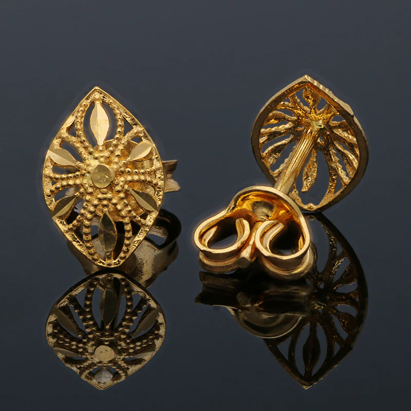 Gold Leaf Shaped Stud Earrings 21KT - FKJERN21KU6012 - Image 3