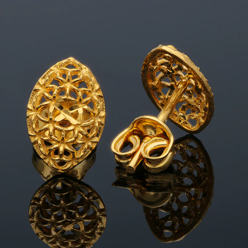 Gold Leaf Shaped Stud Earrings 21KT - FKJERN21KU6017 - Image 3