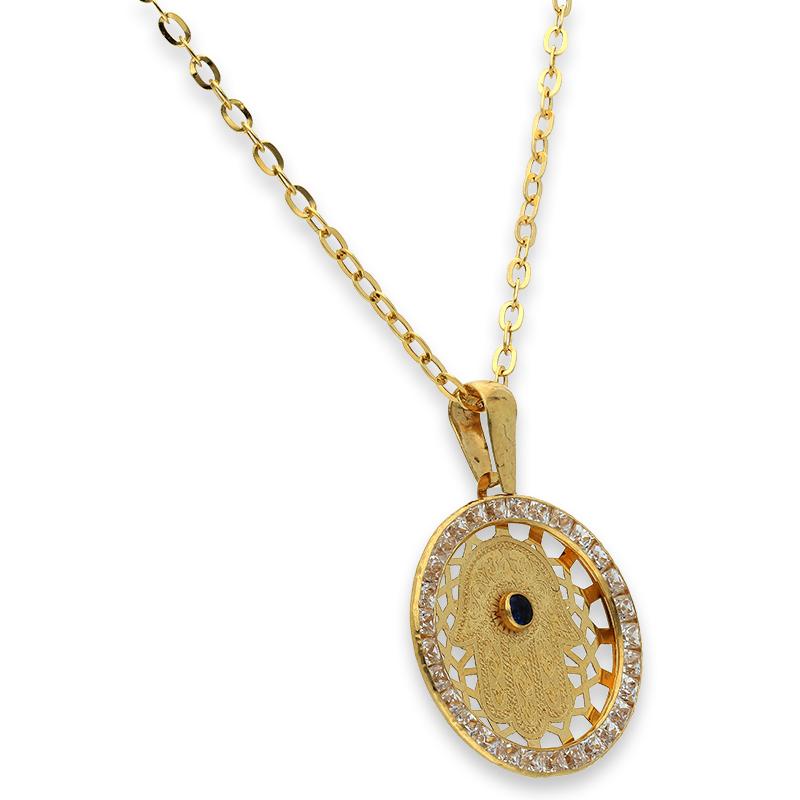 Gold Necklace (Chain with Round Shaped Hamsa Hand Pendant) 18KT - FKJNKL18K2356 - Image 2