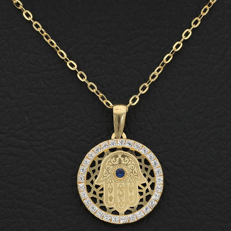 Gold Necklace (Chain with Round Shaped Hamsa Hand Pendant) 18KT - FKJNKL18K2356 - Image 3