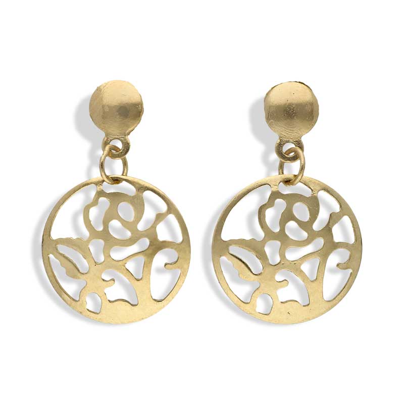 Gold Round Flower Shaped Drop Earrings 18KT - FKJERN18KU3098