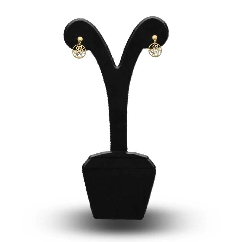 Gold Round Flower Shaped Drop Earrings 18KT - FKJERN18KU3098 - Image 3