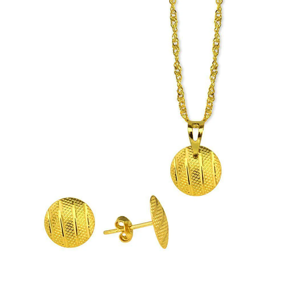 Gold Round Pendant Set (Necklace, and Earrings) 18KT - FKJNKLST1896