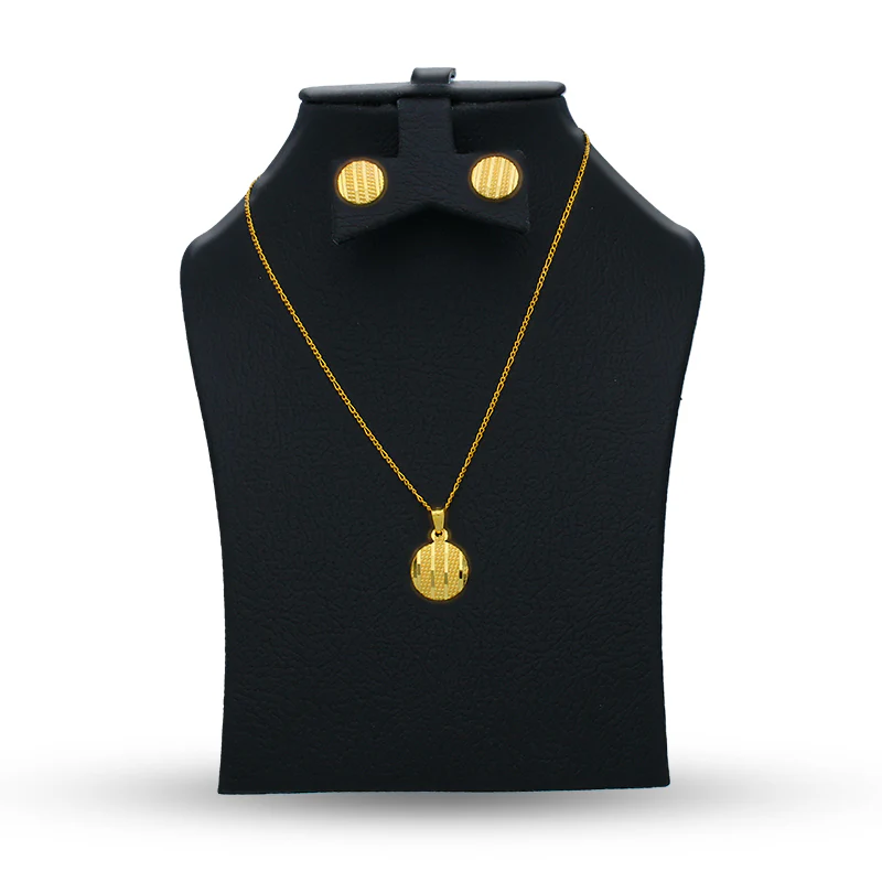 Gold Round Shaped Pendant Set (Necklace and Earrings) 21KT - FKJNKLST21KU6071 - Image 7