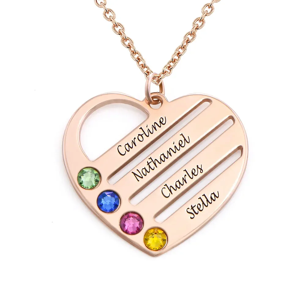 Gold & Silver Personalized Birthstone Heart with Engraved Names Necklace - FKJNKLU6155 - Image 2