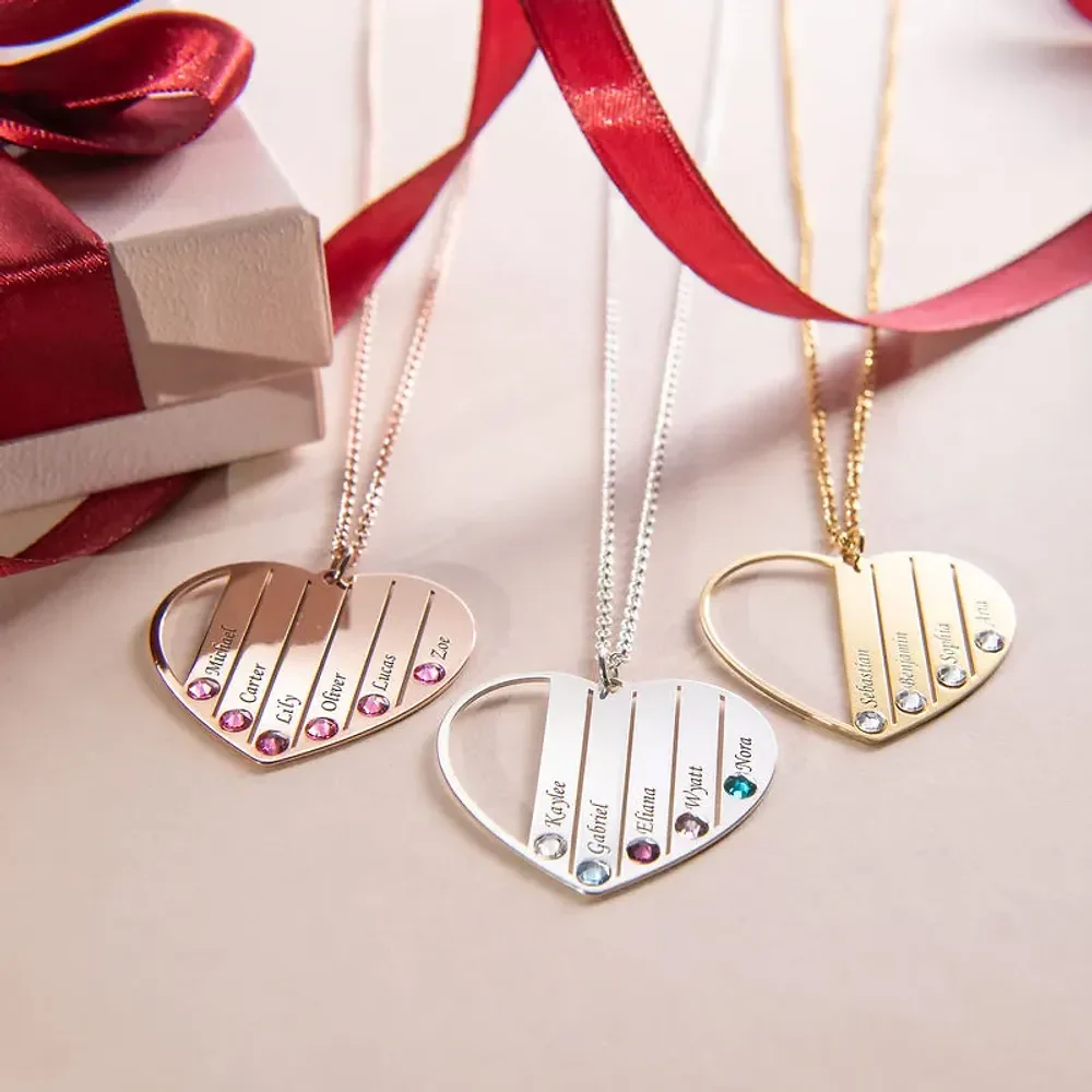 Gold & Silver Personalized Birthstone Heart with Engraved Names Necklace - FKJNKLU6159 - Image 5