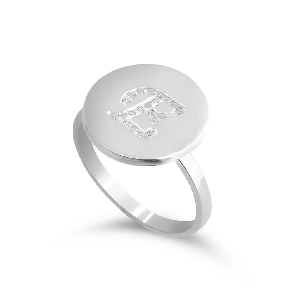 Gold & Silver Personalized Engraved Initial Round Ring with Cubic Zirconia - FKJRNU6243 - Image 2