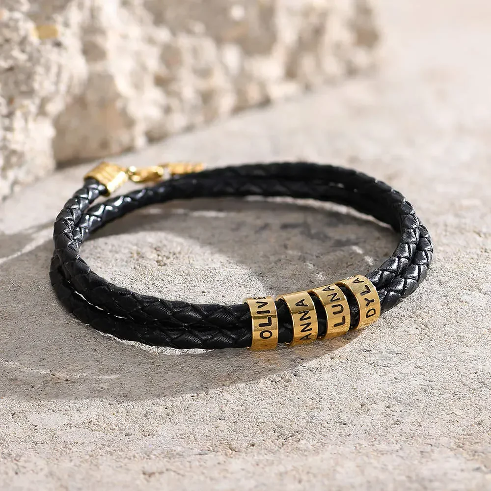 Gold & Silver Personalized Leather for Men with Small Custom Beads Bracelet - FKJBRLU6256 - Image 2