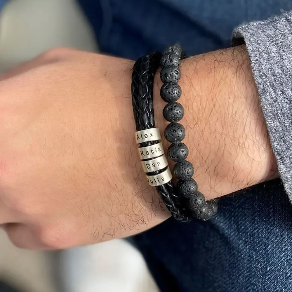 Gold & Silver Personalized Leather for Men with Small Custom Beads Bracelet - FKJBRLU6256 - Image 3