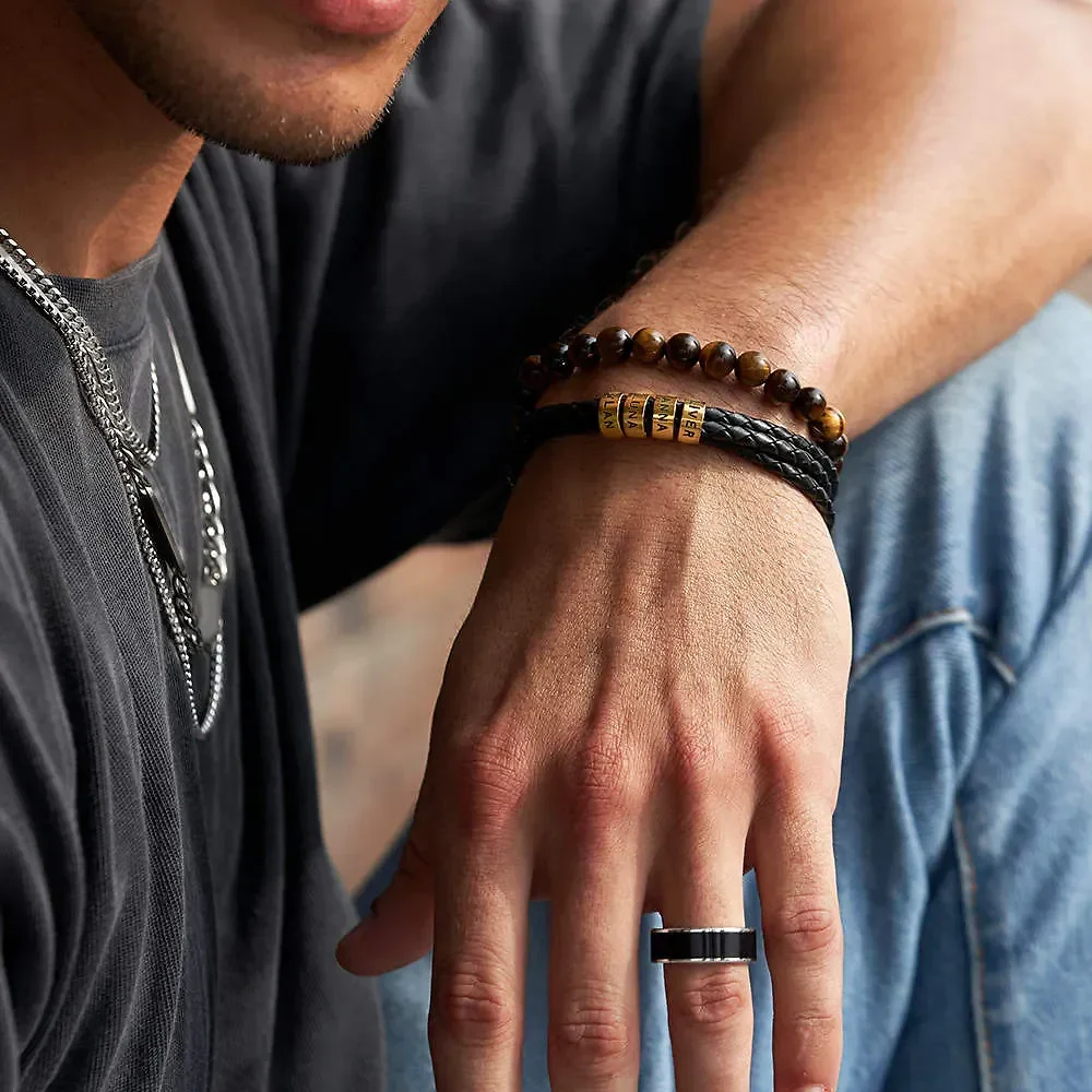 Gold & Silver Personalized Leather for Men with Small Custom Beads Bracelet - FKJBRLU6256 - Image 6