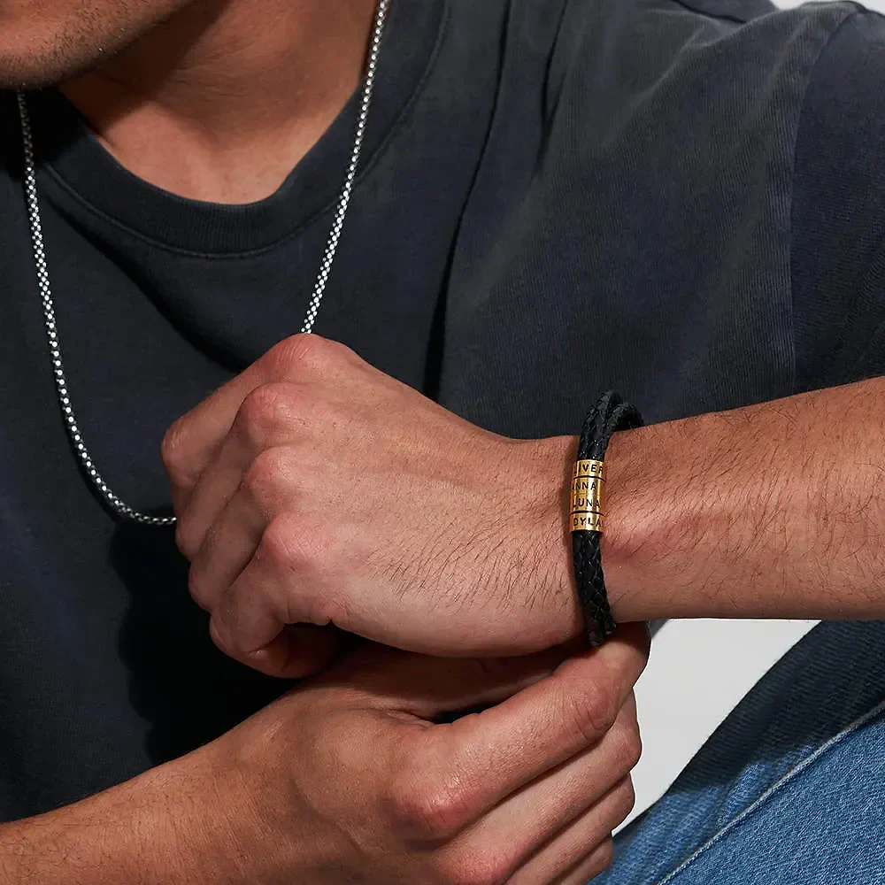 Gold & Silver Personalized Leather for Men with Small Custom Beads Bracelet - FKJBRLU6256 - Image 7
