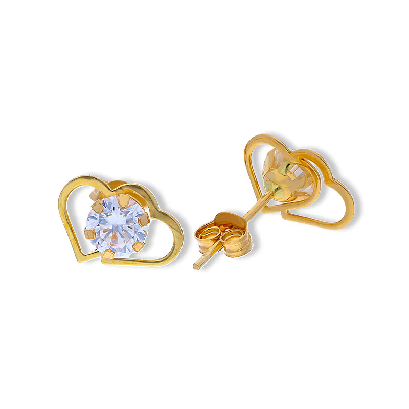Gold Twin Hearts Solitaire Stud Earrings 18KT - FKJERN18KU3126