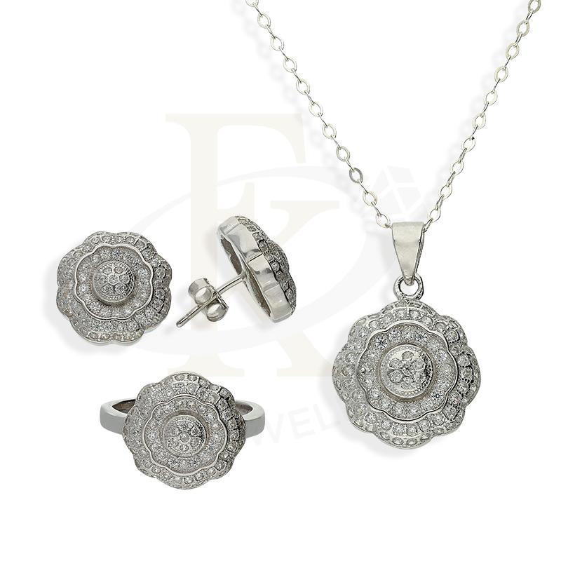 Sterling Silver 925 Flower Shaped Pendant Set (Necklace, Earrings and Ring) - FKJNKLSTSL2200