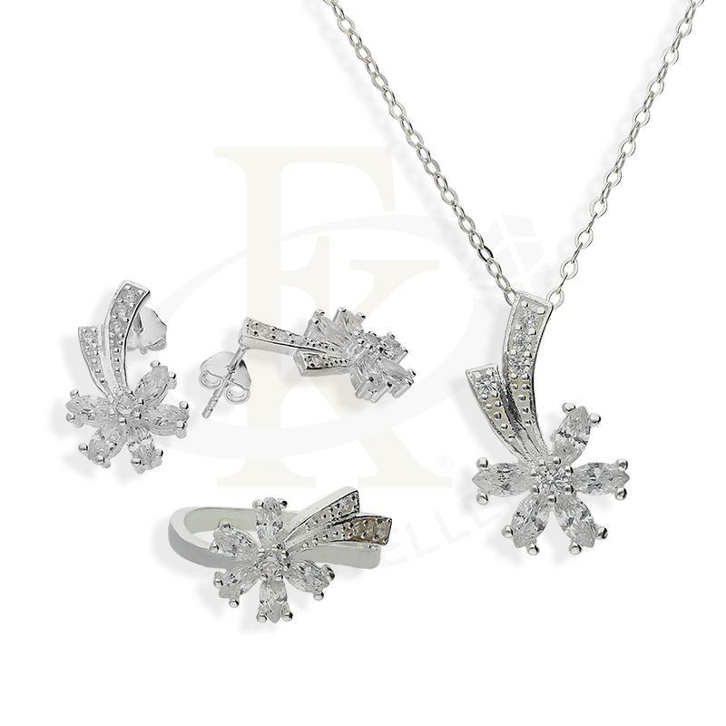 Sterling Silver 925 Flower Shaped Pendant Set (Necklace, Earrings and Ring) - FKJNKLSTSL2201
