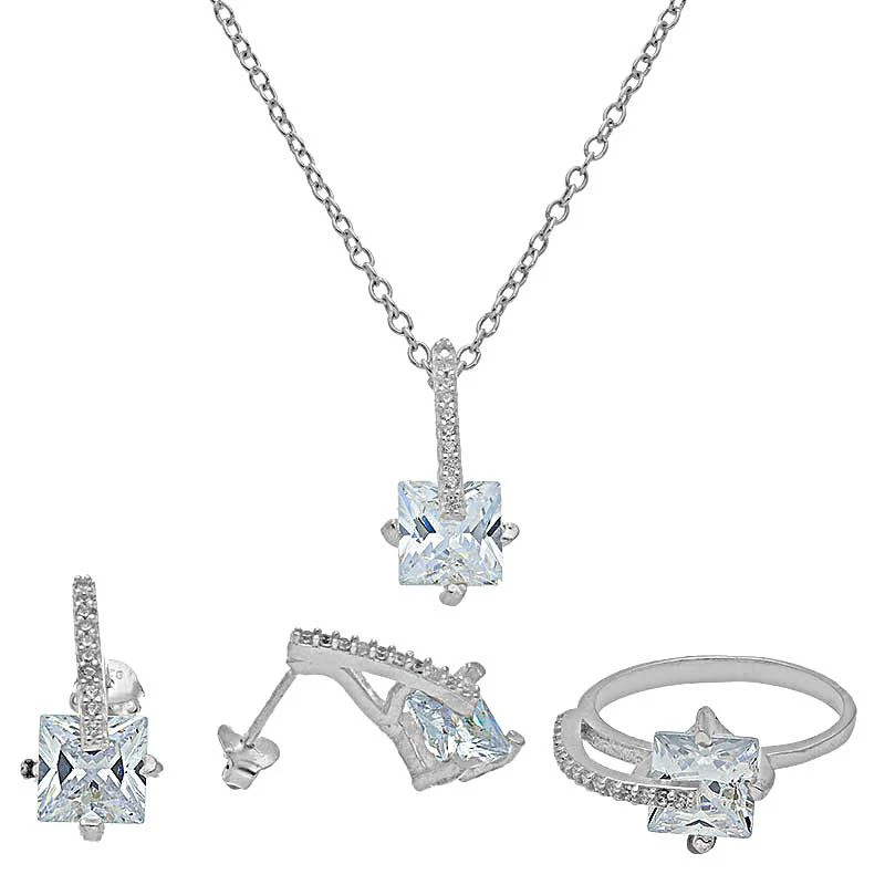 Sterling Silver 925 Princess Cut Solitaire Pendant Set (Necklace, Earrings and Ring) - FKJNKLST2020