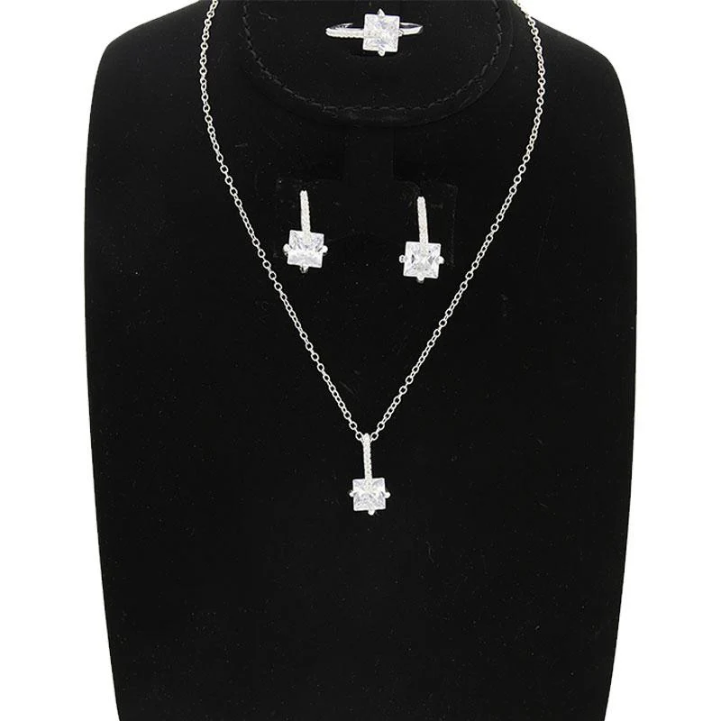 Sterling Silver 925 Princess Cut Solitaire Pendant Set (Necklace, Earrings and Ring) - FKJNKLST2020 - Image 7