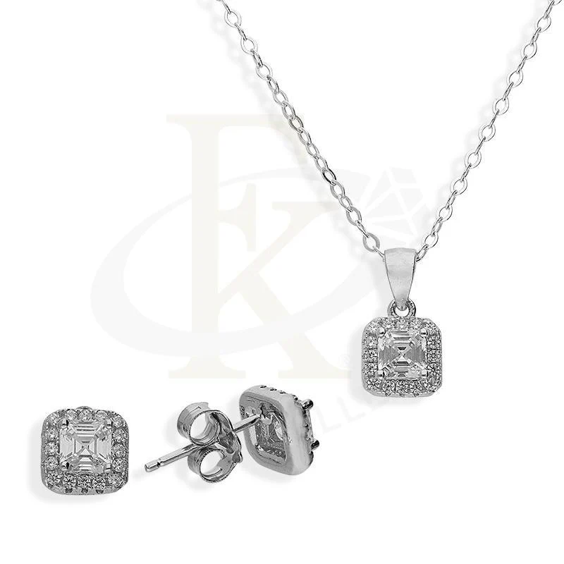 Sterling Silver 925 Radiant Cut Pendant Set (Necklace and Earrings) - FKJNKLSTSL2193