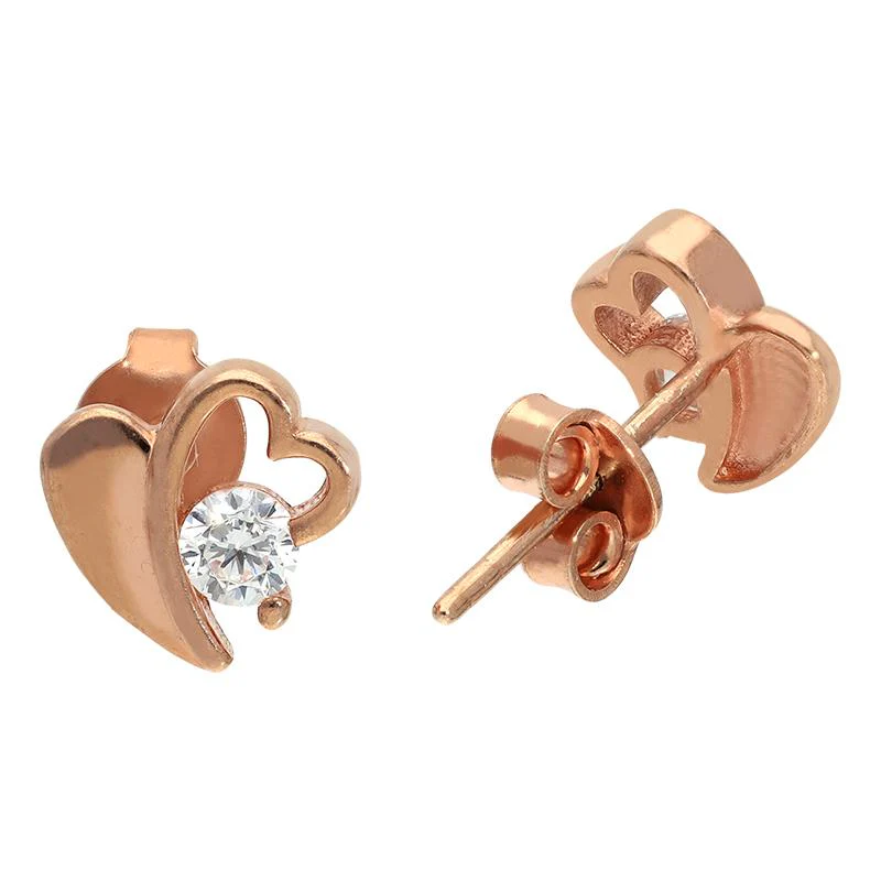 Sterling Silver 925 Rose Gold Plated Heart Solitaire Stud Earrings - FKJERNSL2524