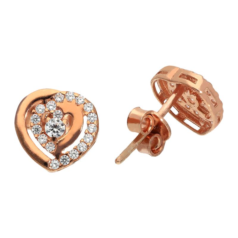 Sterling Silver 925 Rose Gold Plated Heart with Solitaires Stud Earrings - FKJERNSL2522