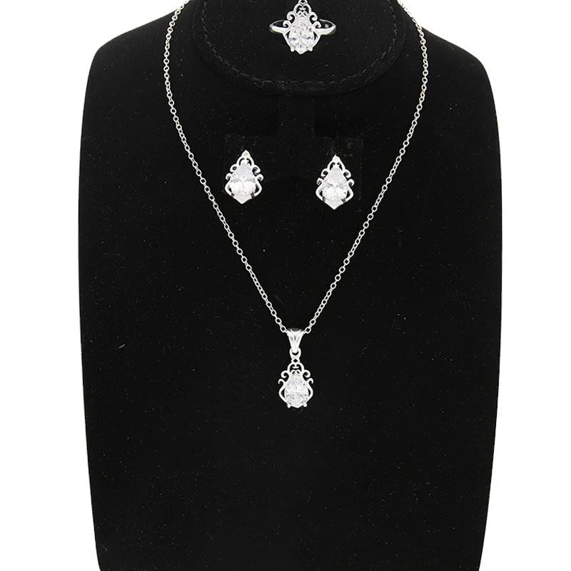 Sterling Silver 925 Solitaire Pendant Set (Necklace, Earrings and Ring) - FKJNKLST2031 - Image 3