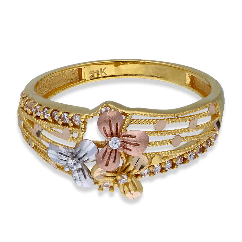 Tri Tone Gold Flower Ring 21KT - FKJRN21KU2110 - Image 2