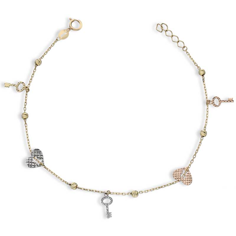 Trio Tone Gold Heart Lock and Key Bracelet 18KT - FKJBRL18KU1038