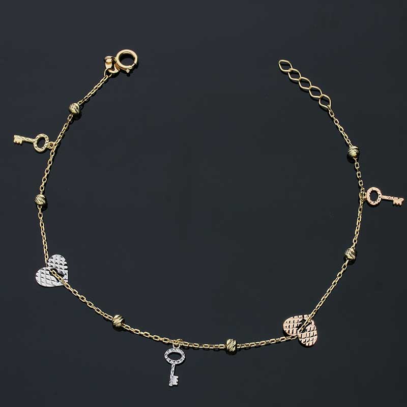 Trio Tone Gold Heart Lock and Key Bracelet 18KT - FKJBRL18KU1038 - Image 3